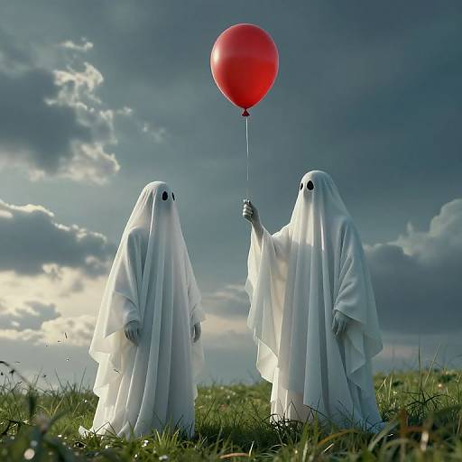 Photograph of two white ghostly figures with black eyes holding a red balloon against a cloudy sky over green grass.