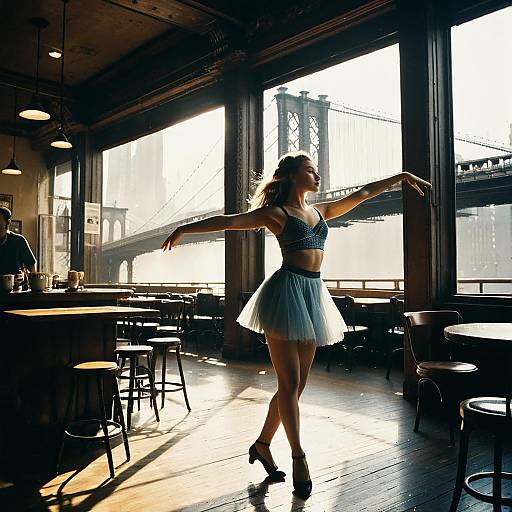 Teenage Dancer in Sunlit Coffeehouse by Brooklyn Bridge
