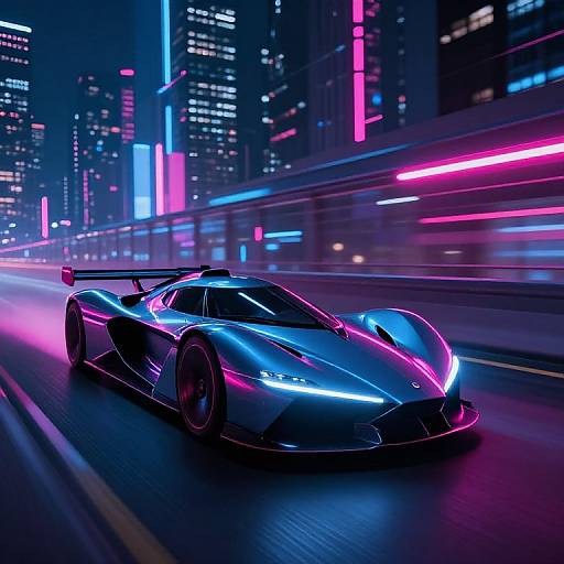Neon-lit, cyberpunk-style photograph of a sleek, blue and pink glowing sports car speeding through a vibrant, futuristic cityscape at night.