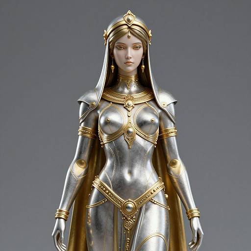 Futuristic Silver-Gold Priestess Statue
