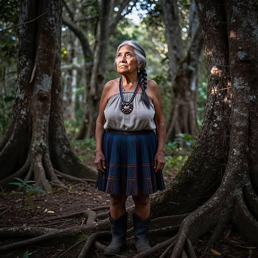Photograph of an indigenous woman with braided gray hair, wearing a white top, blue plaid skirt, and black boots, standing in a dense