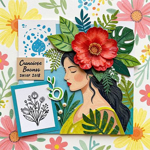 Digital illustration of a woman with a red flower headpiece, green leaves, and yellow dress, surrounded by colorful flowers and botanical prints. Text reads 