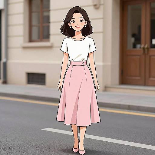 Digital illustration of a smiling Asian woman with shoulder-length black hair, wearing a white top and pink skirt, standing on a city street.