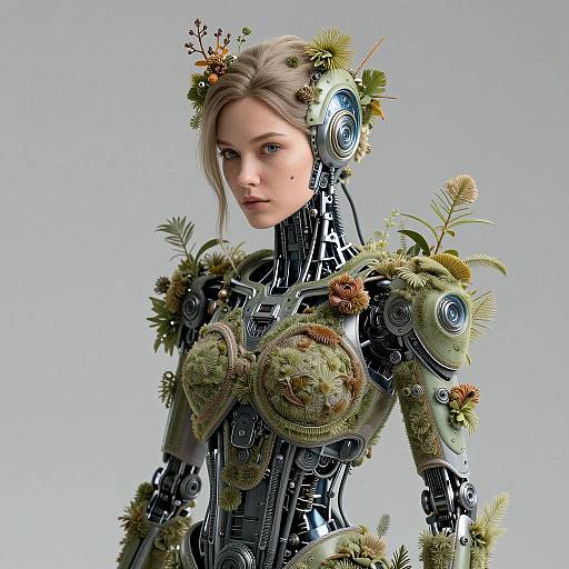 CGI image of a pale-skinned, blonde woman with cybernetic enhancements, adorned with green foliage and flowers on her robotic armor.
