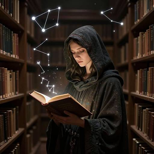 Photograph of a young woman with long black hair, wearing a black hooded robe, reading an illuminated book in a dimly lit library, with