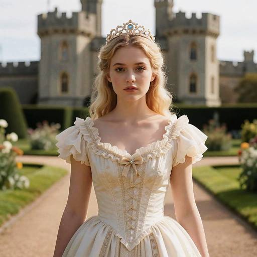 Blonde Princess in Frilled Dress at Castle Garden