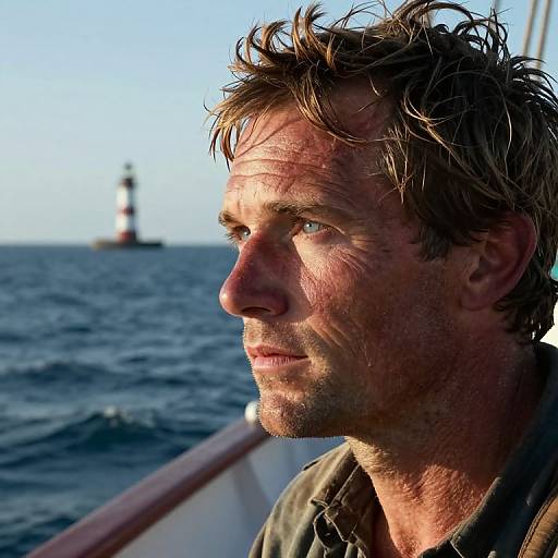 Photograph of a rugged, sunlit, middle-aged man with tousled brown hair, gazing thoughtfully at a distant lighthouse on the ocean