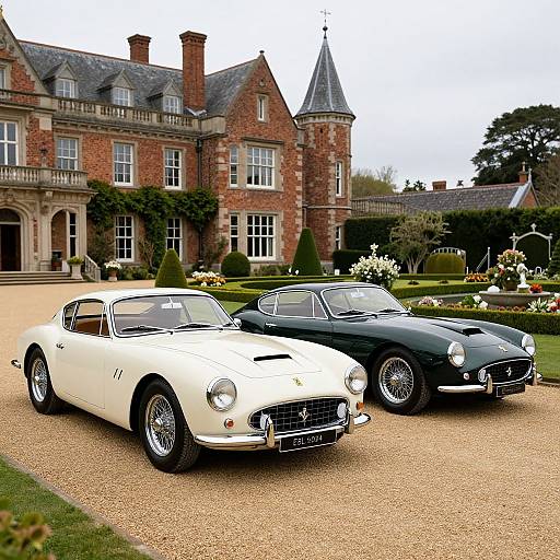 Photograph of two vintage sports cars, a white and a black, parked in front of a grand, red-brick manor house with manicured