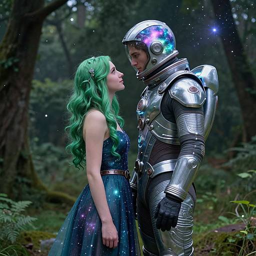 Photograph-like digital art of a green-haired woman in a sparkly blue dress and a man in futuristic silver armor, gazing intensely at each other