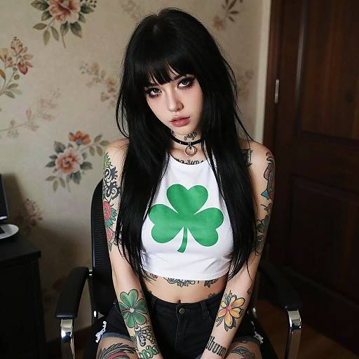 Tattooed Woman in Dimly Lit Room