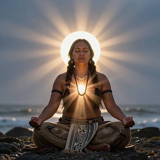 Photograph of a topless Native American woman with braids, sitting in lotus pose on a rocky beach at sunset, sun rays illuminating her