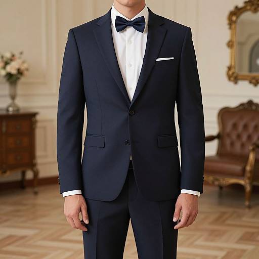 Photograph of a man in a black tuxedo with white shirt and black bow tie, standing in an elegant, classic room.