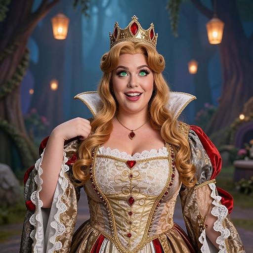 Digital illustration of a fair-skinned, blonde princess with green eyes, wearing a gold crown, white lace and gold corset dress, red velvet sleeves