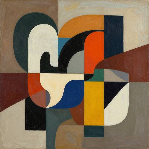 Abstract geometric painting with overlapping bold shapes in black, white, red, blue, orange, yellow, and brown on a textured canvas.