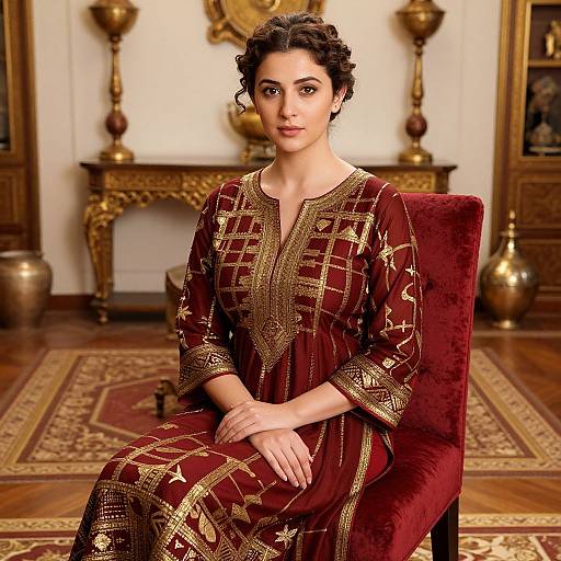 Photograph of a woman with dark curly hair, wearing an elegant red and gold embroidered traditional dress, seated in a luxurious, ornately decorated room.