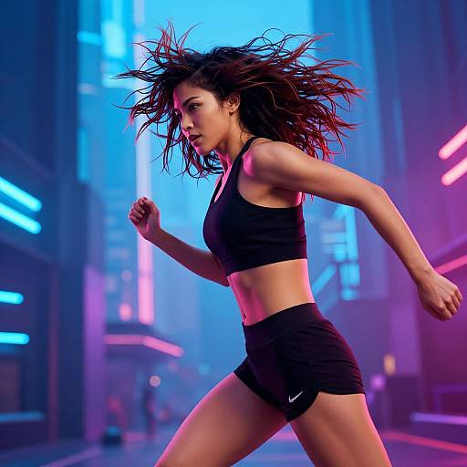 Digital art of a fit, brown-haired woman running in a neon-lit, futuristic city, wearing a black sports bra and shorts, with vibrant blue