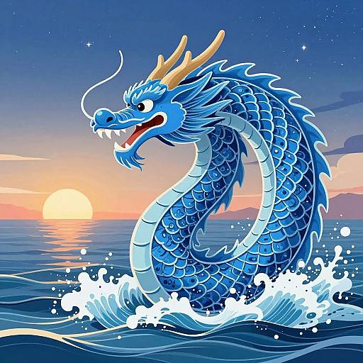 Digital illustration of a blue, dragon-like sea serpent with yellow horns, roaring amidst ocean waves at sunset, with a glowing sun and starry sky in