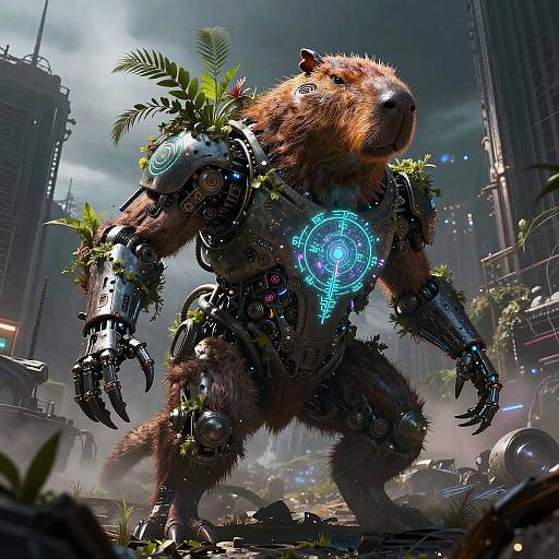 CGI digital art of a cybernetic beaver with glowing blue circuitry, mechanical limbs, and plant decorations in a futuristic, urban ruins setting