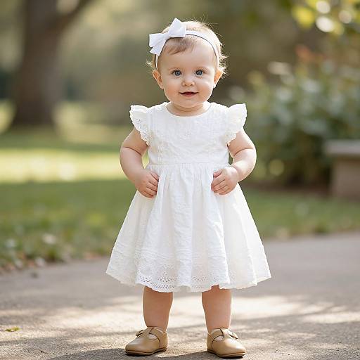 Photograph of a cute, blue-eyed baby girl with light brown hair, wearing a white lace dress, bow headband, and brown shoes, standing