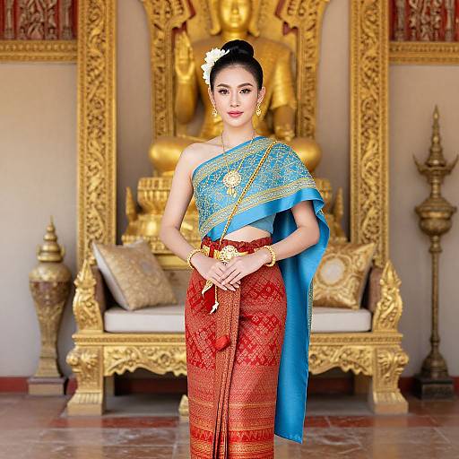 Photograph of an elegant Asian woman in a blue and red traditional Thai outfit, standing in an ornate, gold-decorated room.