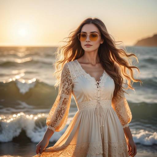 Woman in Lace Dress at Ocean Sunset