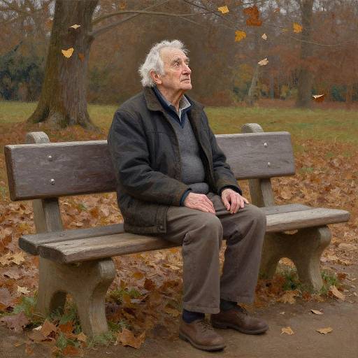 Photograph of an elderly white man with white hair, wearing a black coat and gray shirt, sitting on a wooden bench in an autumn park, surrounded