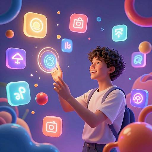 Photograph of a curly-haired teenage boy in a white t-shirt, smiling, interacting with glowing neon app icons in a colorful, futuristic background with floating