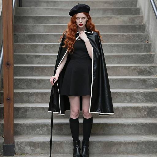 Red-haired Woman in Black Leather Cape on Stairs