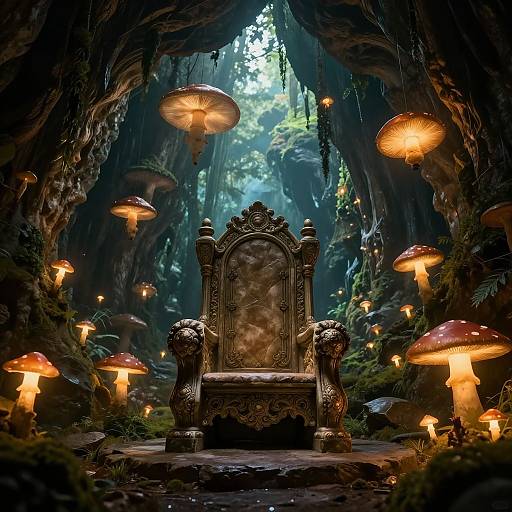 Fantasy cave throne surrounded by glowing mushrooms, illuminated by soft light, with an ornate, carved chair at the center. Digital art.