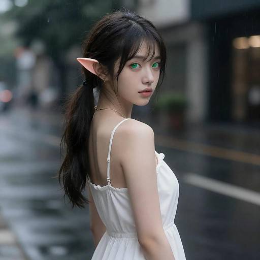 Charming Green-Eyed Fairy in White Dress