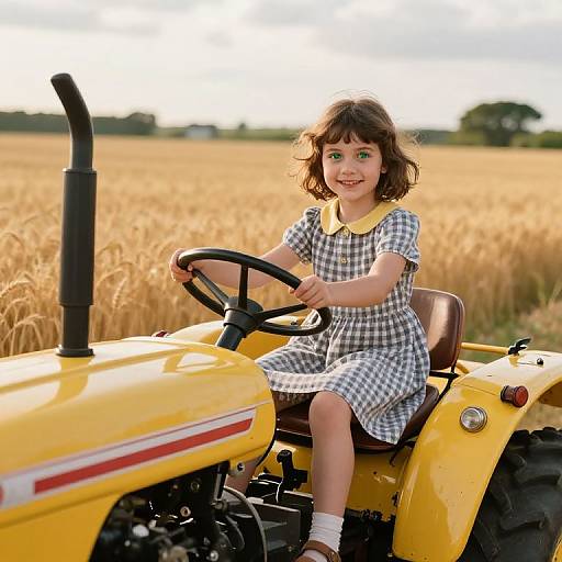 Photograph of a smiling young girl with curly brown hair, wearing a checkered dress with yellow collar, sitting on a yellow tractor in a golden wheat