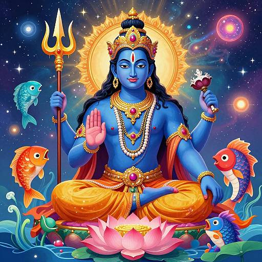 Digital artwork of blue-skinned Hindu god Vishnu, seated on a lotus, holding trident, surrounded by colorful fish and celestial background.