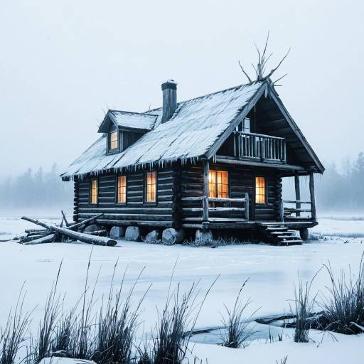 Charming Log Cabin in Snowy Marsh
