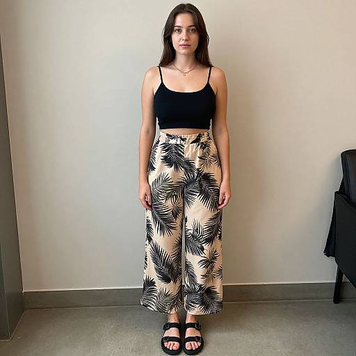 Photograph of a young woman with light skin and dark brown hair, wearing a black tank top and high-waisted, black-and-white palm leaf