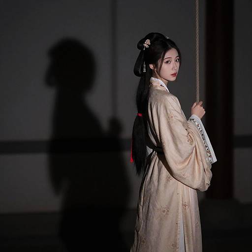Photograph of an East Asian woman with long black hair in a traditional cream silk robe, holding a rope, casting a shadow against a dark, minimalist
