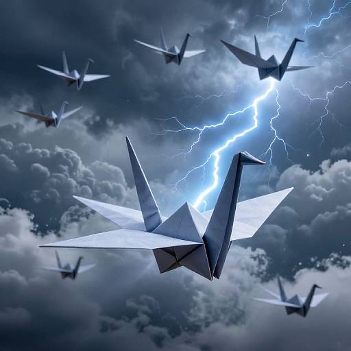 Photograph-style digital art: Paper airplanes flying amidst a dramatic, lightning-filled, cloudy sky. Bright blue lightning contrasts with dark, stormy clouds,