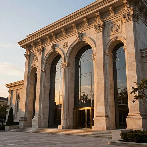 Photograph of a grand, neoclassical building with three tall, arched windows, ornate stone columns, and reflective glass panels, bath