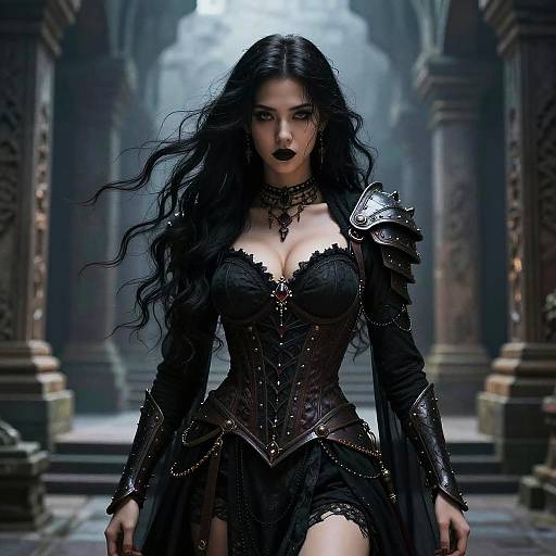 Digital artwork of a Gothic-style woman with long black hair, dark makeup, and a black corseted dress with intricate armor details, standing in a