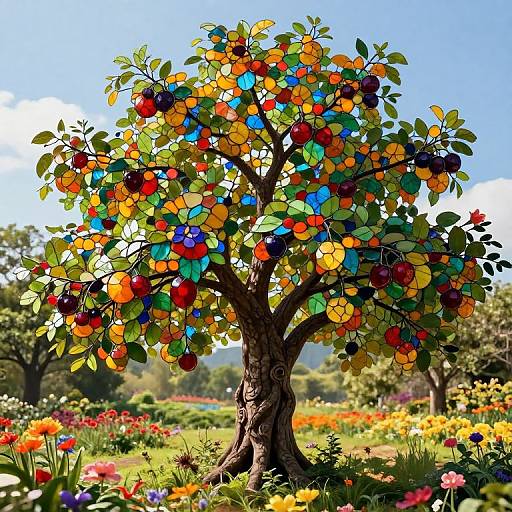 Vibrant, colorful stained-glass tree in a sunny garden, with multicolored leaves and flowers, surrounded by lush greenery and blooming