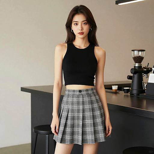 Young Asian woman in black crop top and black-and-white plaid skirt, standing in modern kitchen with coffee maker, under fluorescent light.