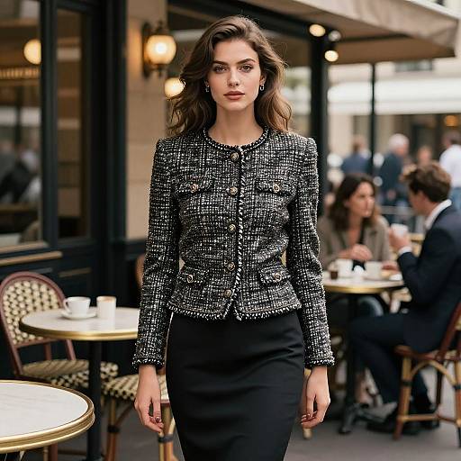 Photograph of a confident woman with wavy brown hair, wearing a black and white textured blazer and black pencil skirt, walking on a busy outdoor