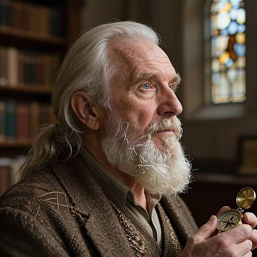 Photograph of an elderly white man with long white hair and beard, wearing a brown textured coat, holding coins, in a dimly lit library with