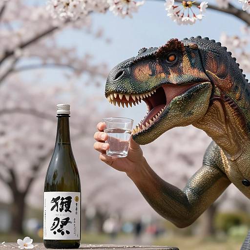 Dino-Headed Beverages Under Cherry Blossoms