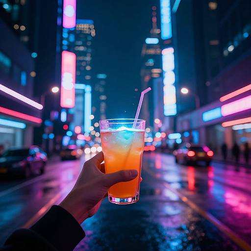 Photograph of a hand holding a neon orange drink with a straw, set against a vibrant, neon-lit city street at night.