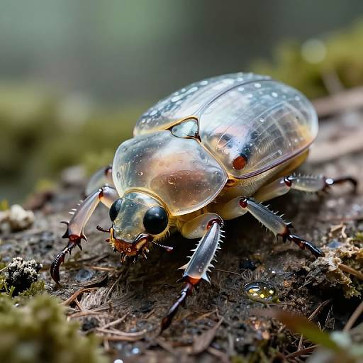 Close-up photograph of a shiny, translucent beetle with black eyes and red-tipped legs on mossy forest floor, highlighting its reflective exoskeleton and