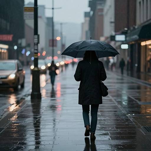 Photograph of a person in a dark coat and umbrella walking on a wet, rainy city street at dusk, with blurred car lights and buildings in the