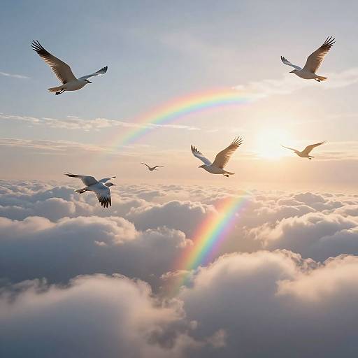 Photograph of five white birds flying above a sea of fluffy clouds, with a vibrant rainbow and sun setting in the background.