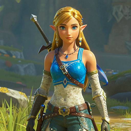 CGI image of a blonde, blue-eyed elf woman with pointed ears, wearing a blue top, white corset, and medieval armor, standing in