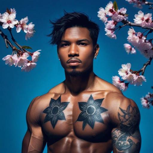 Muscular Man with Floral Tattoos and Cherry Blossoms