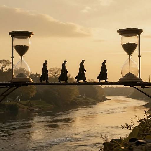 Surreal Hourglasses on Tranquil Bridge